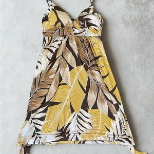 Tropical Leaf Print Dress in Yellow and Brown
